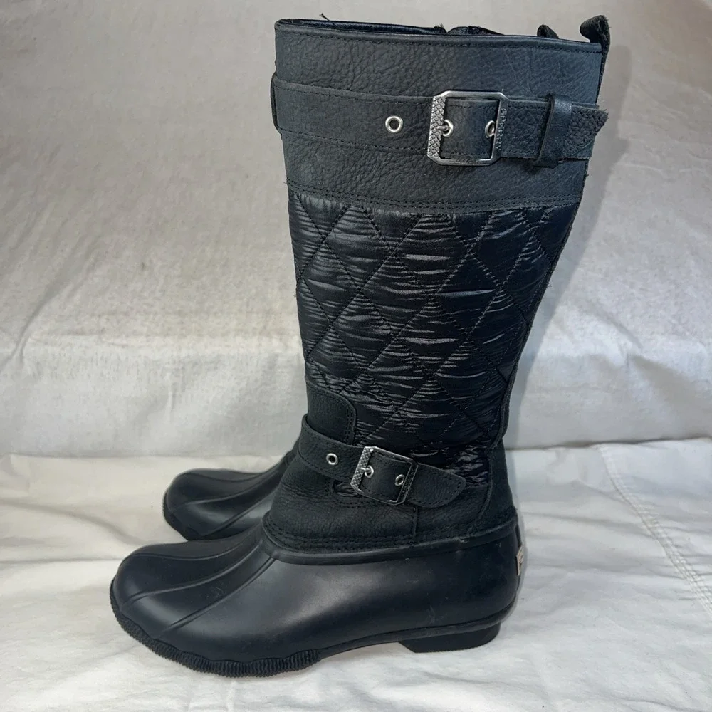 Sperry Women's Size 7.5 Black Saltwater Tall Nylon Quilt Buckle Rain Duck Boot